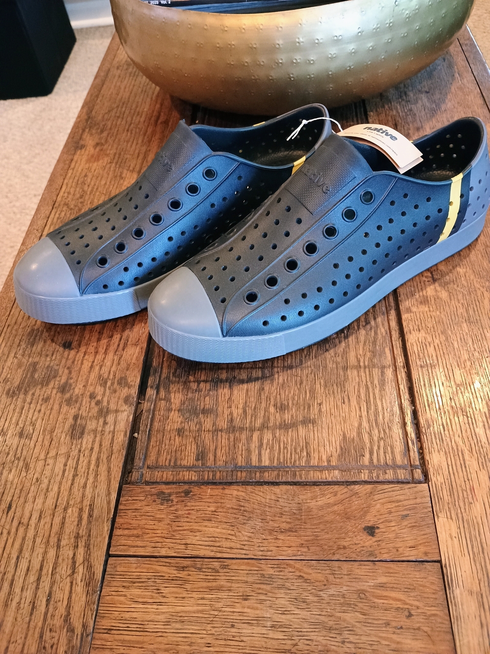 Native Men's Slip-On Jefferson Sneakers - Black with Yellow Stripe